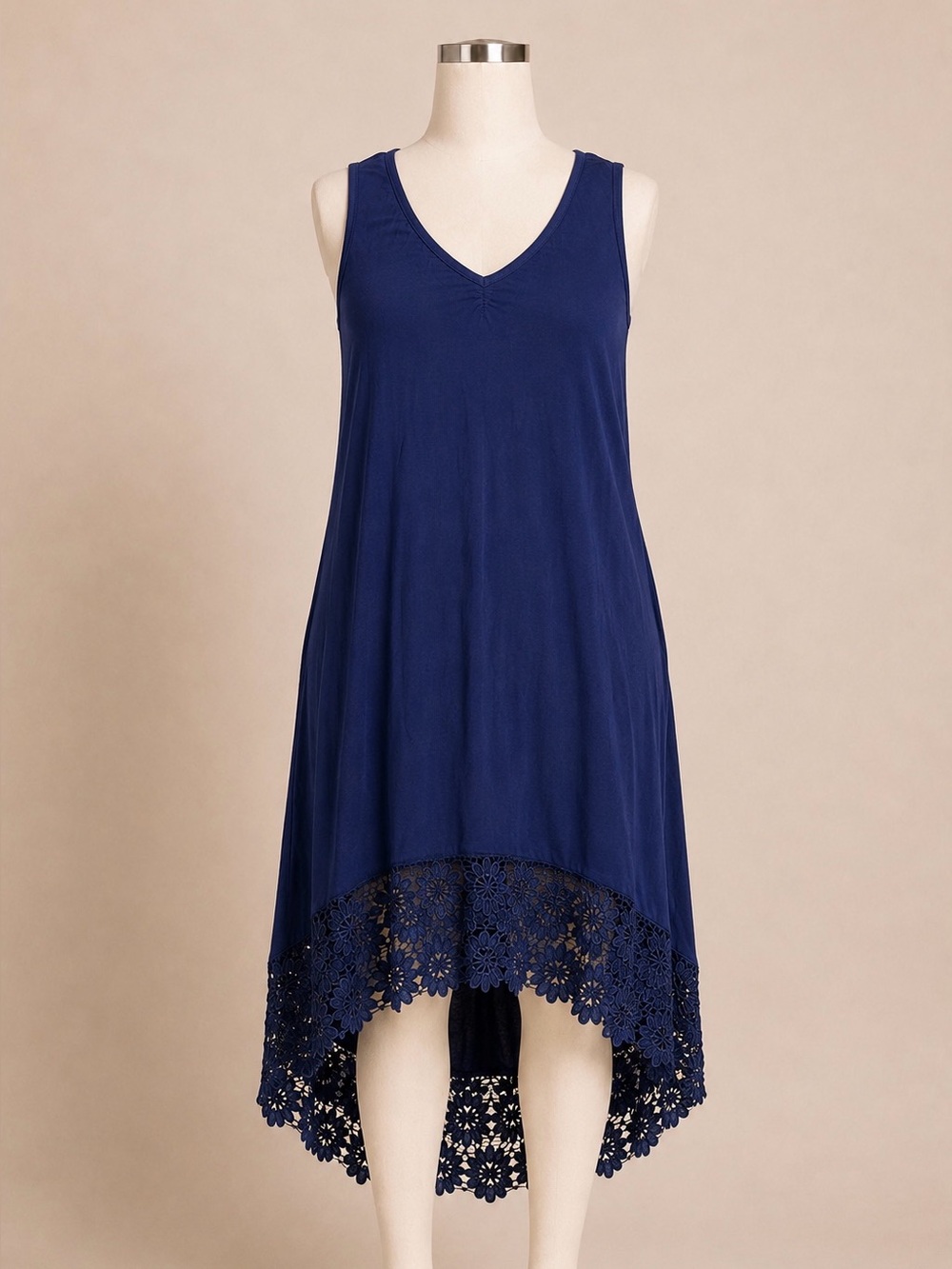 Nina Leonard Navy Hi Low Lace Hem Sleeveless Stretch Midi Dress L